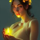 Floral headpiece person holding lit candle in dim light