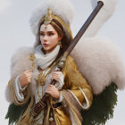 Female warrior in golden armor with silver sword under cloudy sky