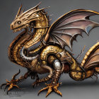 Detailed image of majestic golden dragon with intricate scales, long horns, and expansive wings on grey background