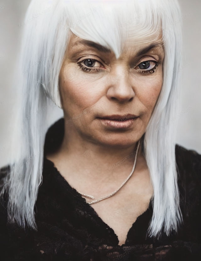 Close-up photo of woman with white hair, brown eyes, black top, silver necklace.