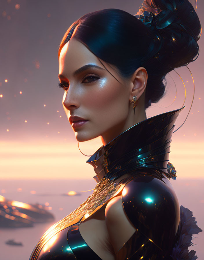 Digital Artwork: Woman in Futuristic Armor with Sleek Hair in Twilight Sky