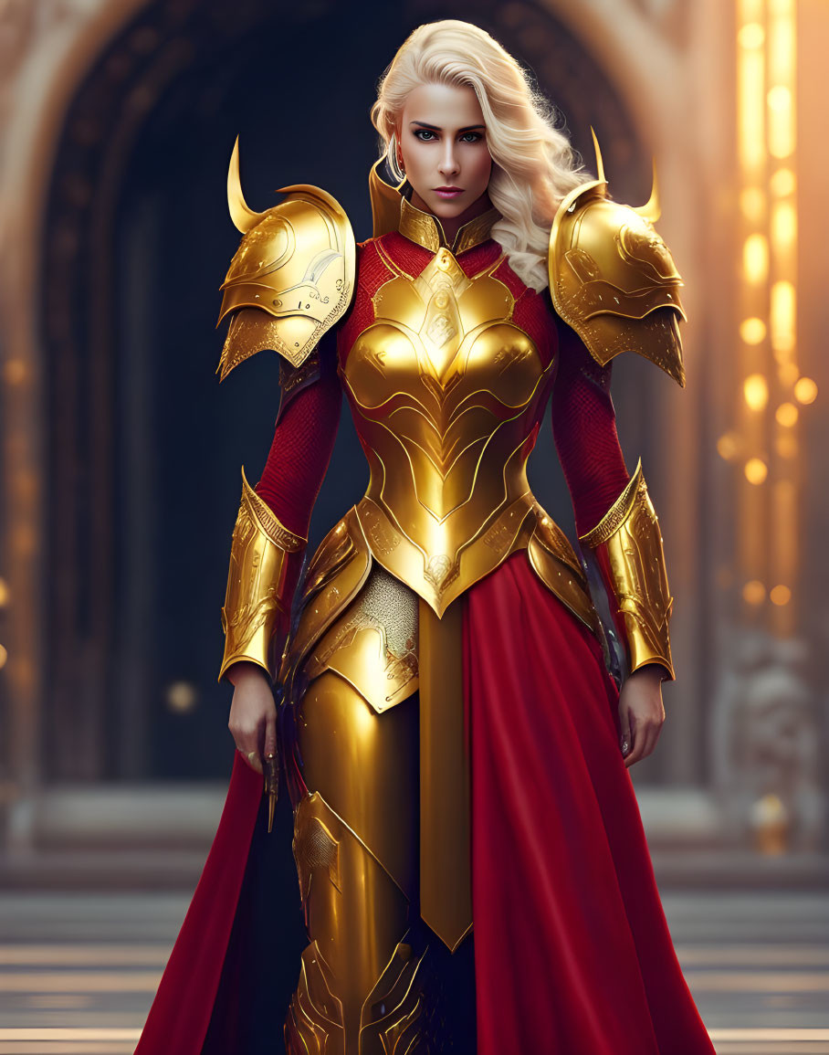 Female warrior in golden armor standing confidently in grand hall