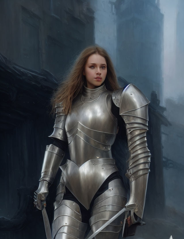 Woman in Full Plate Armor with Long Flowing Hair Stands in Misty Medieval Cityscape