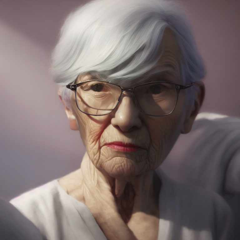 Elderly woman with white hair and glasses in stern expression