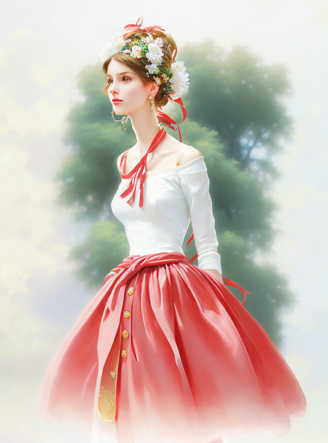 Digital painting of woman in white blouse and red skirt with gold accents and floral headpiece.