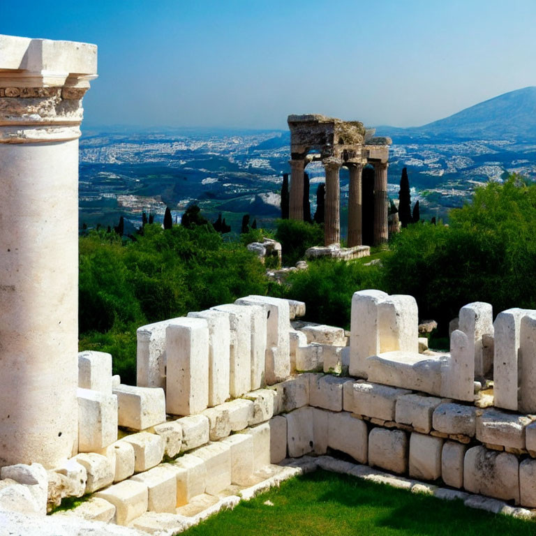 Ancient Ruins with Columns in Greenery and Panoramic City View