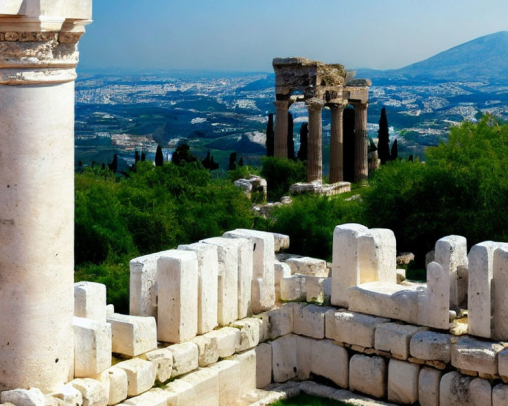 Ancient Ruins with Columns in Greenery and Panoramic City View