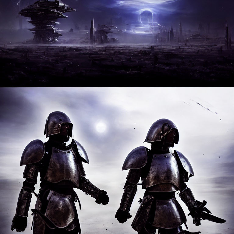 Armored medieval knights in futuristic sci-fi landscape with glowing portal