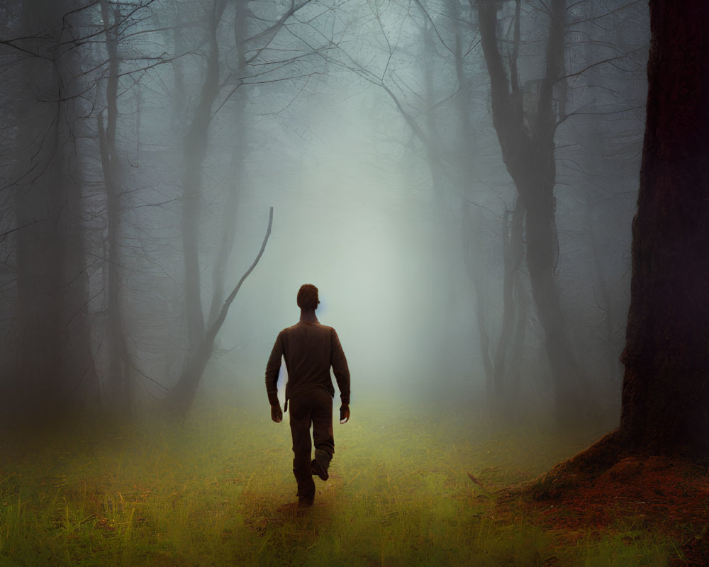 Person walking into misty, mysterious forest with bare trees and dimly lit background