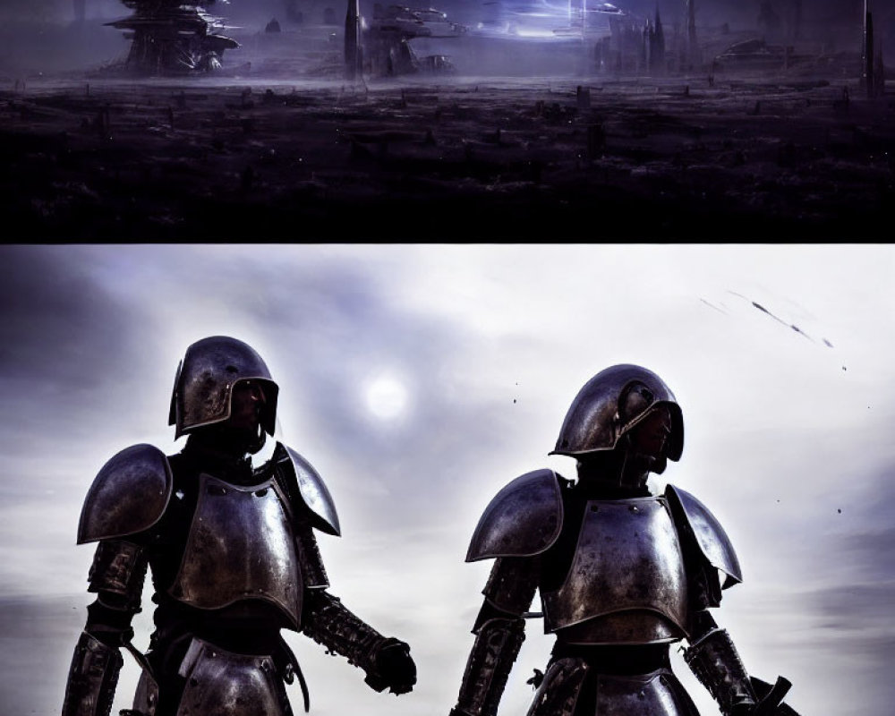 Armored medieval knights in futuristic sci-fi landscape with glowing portal