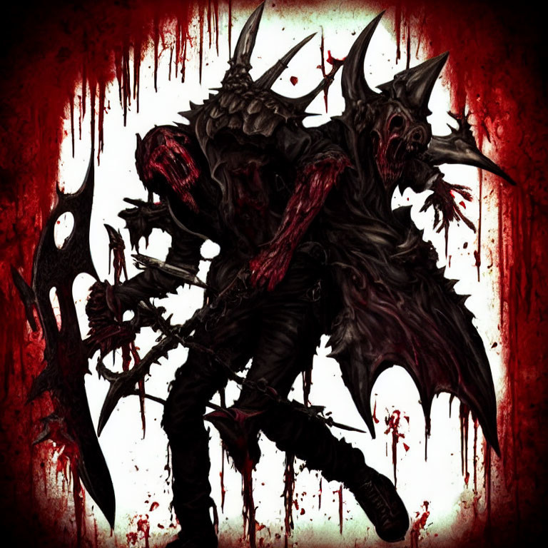 Dark-armored fantasy creature with horns in menacing setting