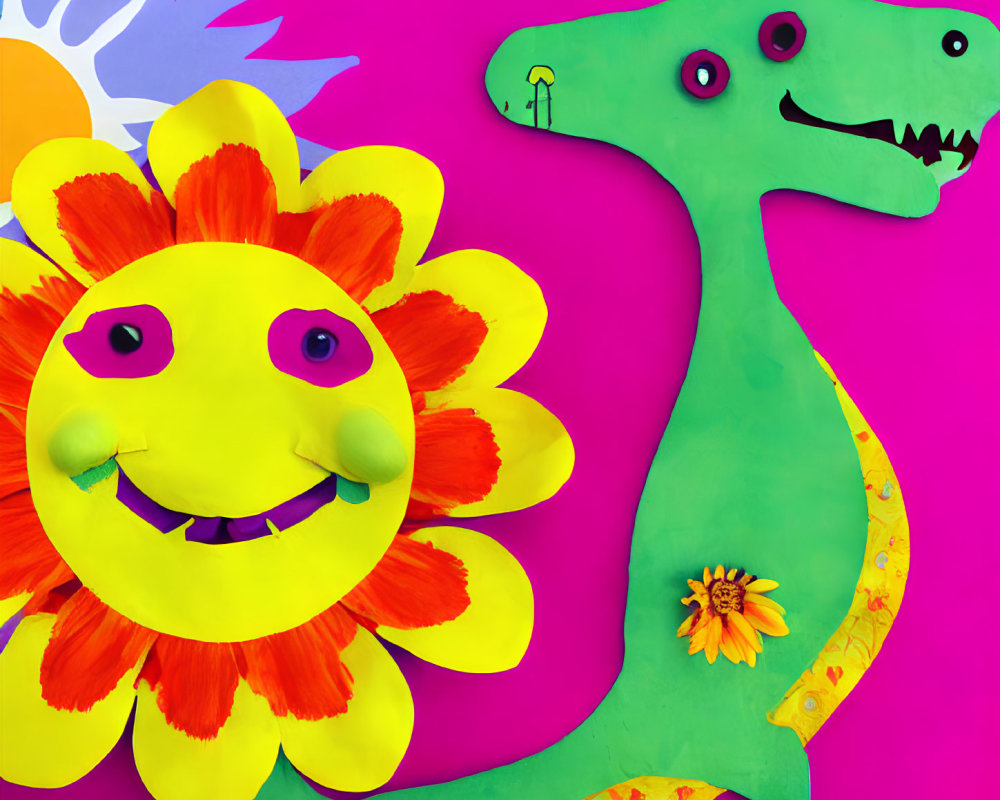 Colorful Paper Art Scene with Flower and Dinosaur on Pink Background