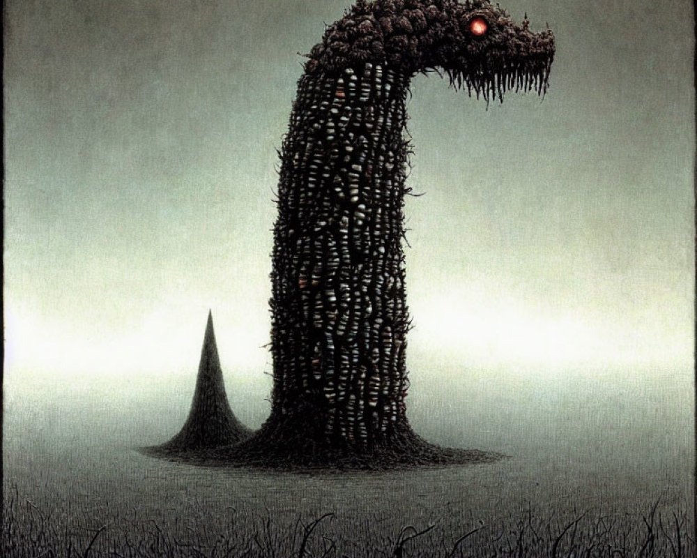 Mysterious dark creature with glowing red eye in misty field