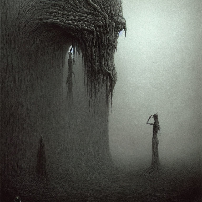 Monochromatic eerie landscape with tree-like figure and cloaked figure in misty setting