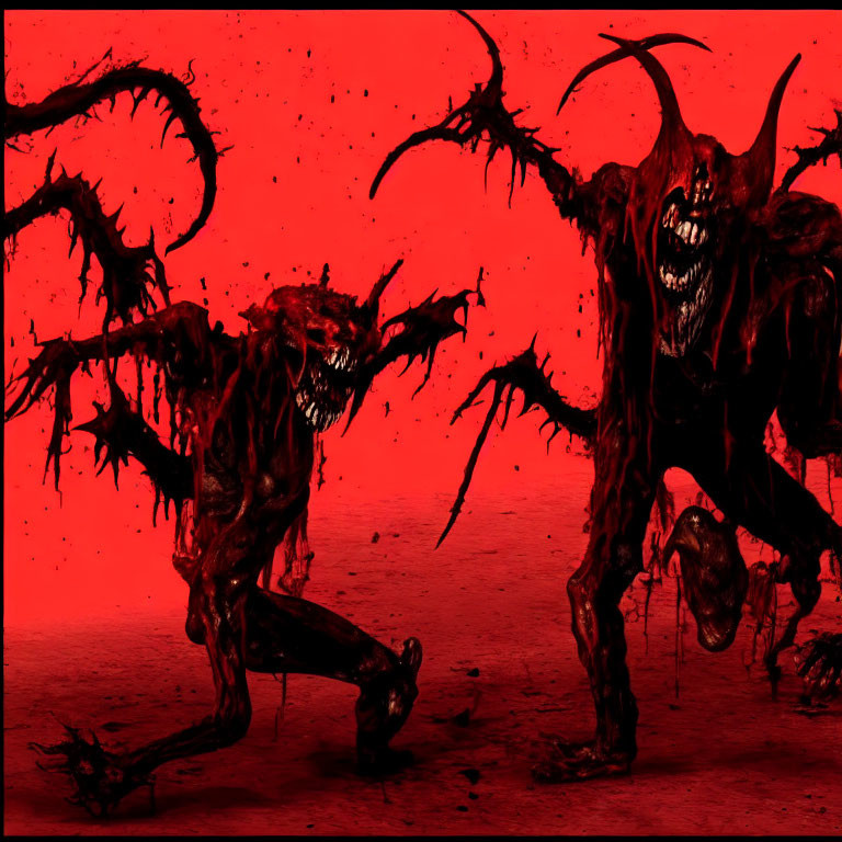 Sinister demonic figures with sharp claws and fangs on blood-red backdrop.