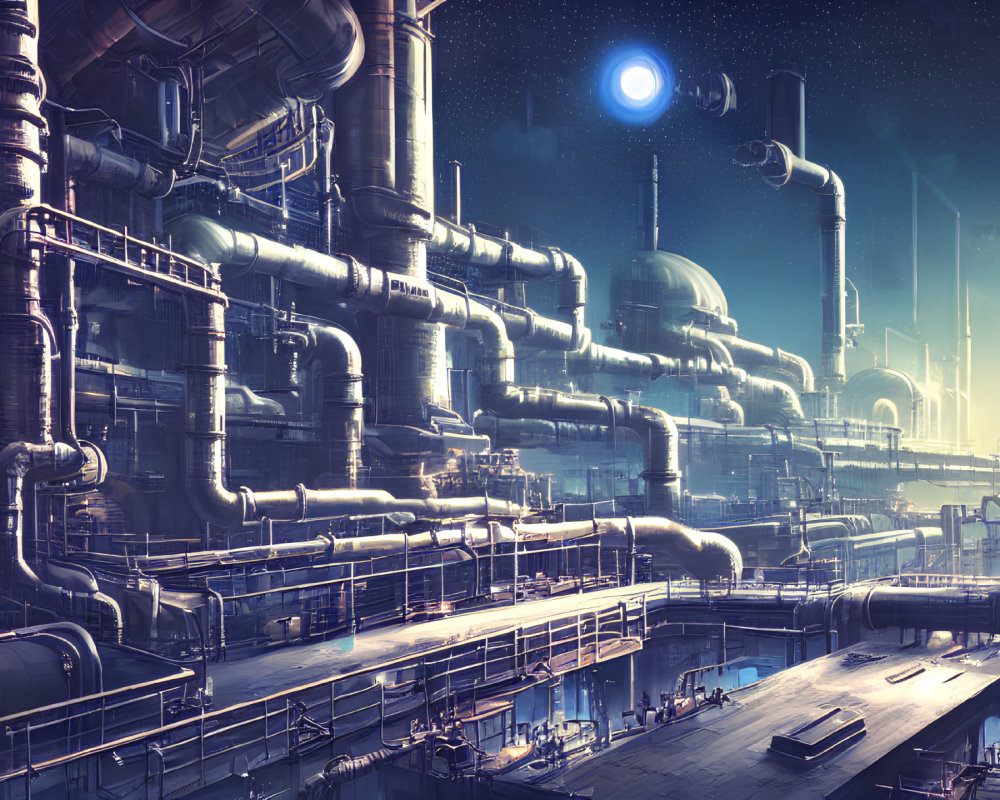 Futuristic industrial complex with glowing pipelines at night