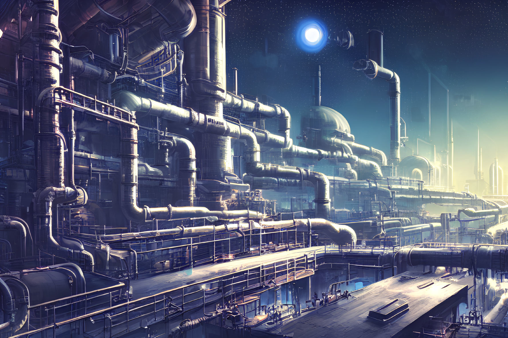 Futuristic industrial complex with glowing pipelines at night