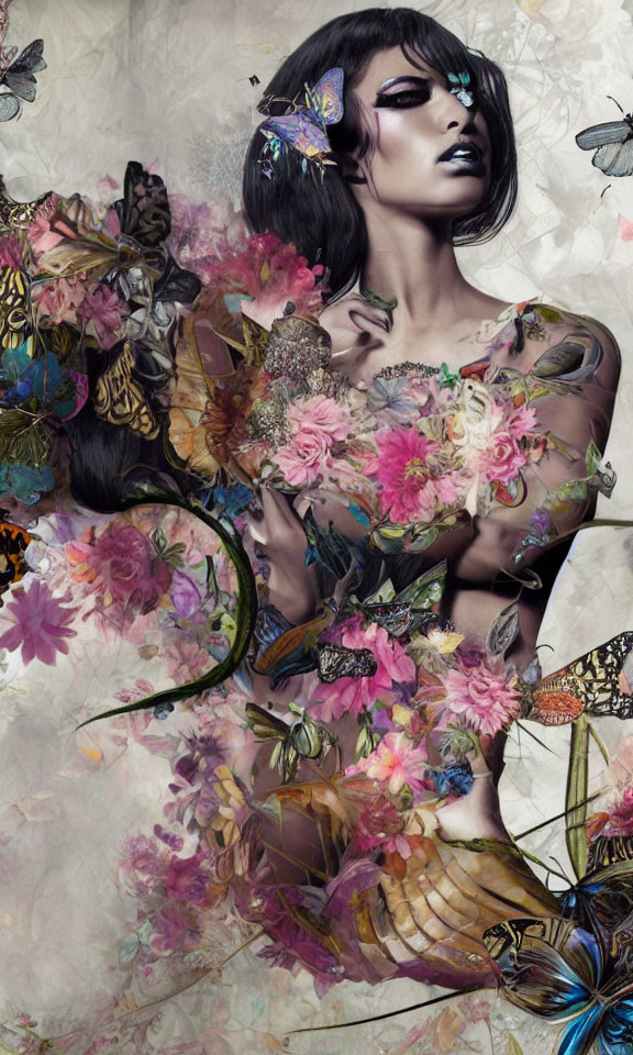 Woman blending with colorful flowers, butterflies, and fauna in surreal art