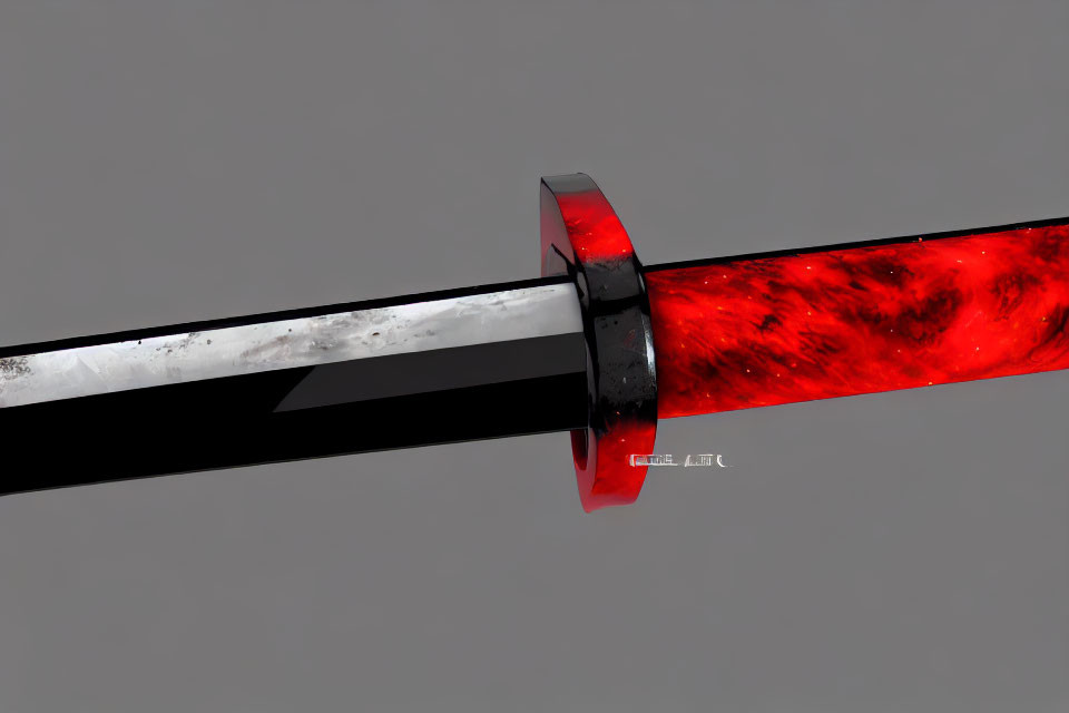 Detailed Katana with Black Blade and Red Flame Scabbard