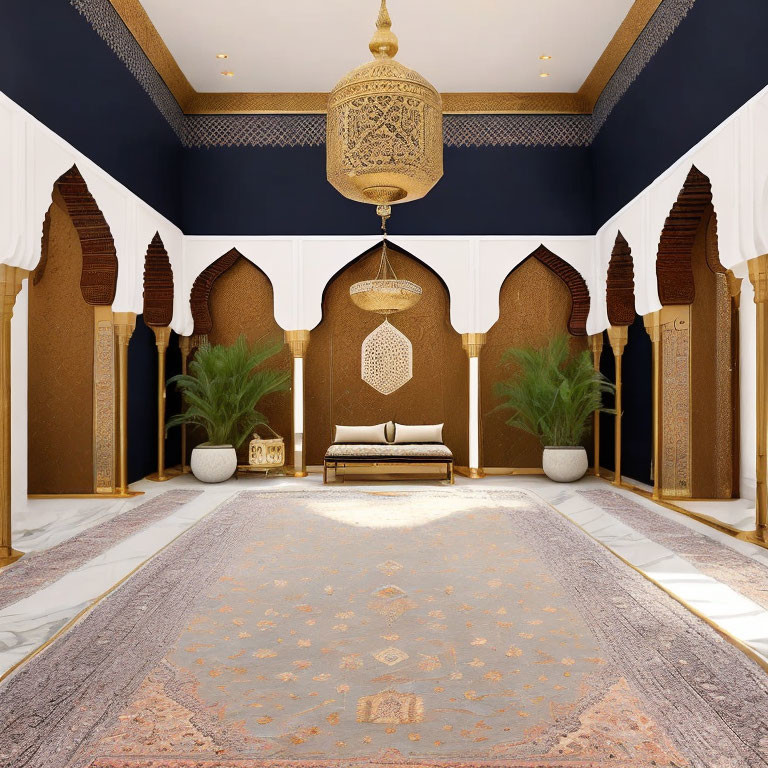 Moroccan-themed Luxury Room with Golden Accents and Archways