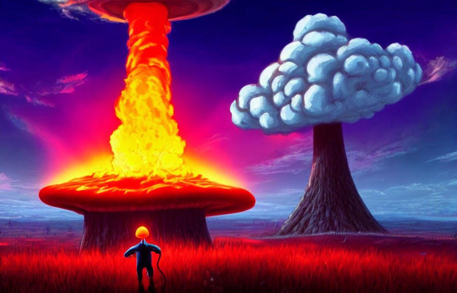 Person silhouette in front of vibrant mushroom clouds on surreal landscape