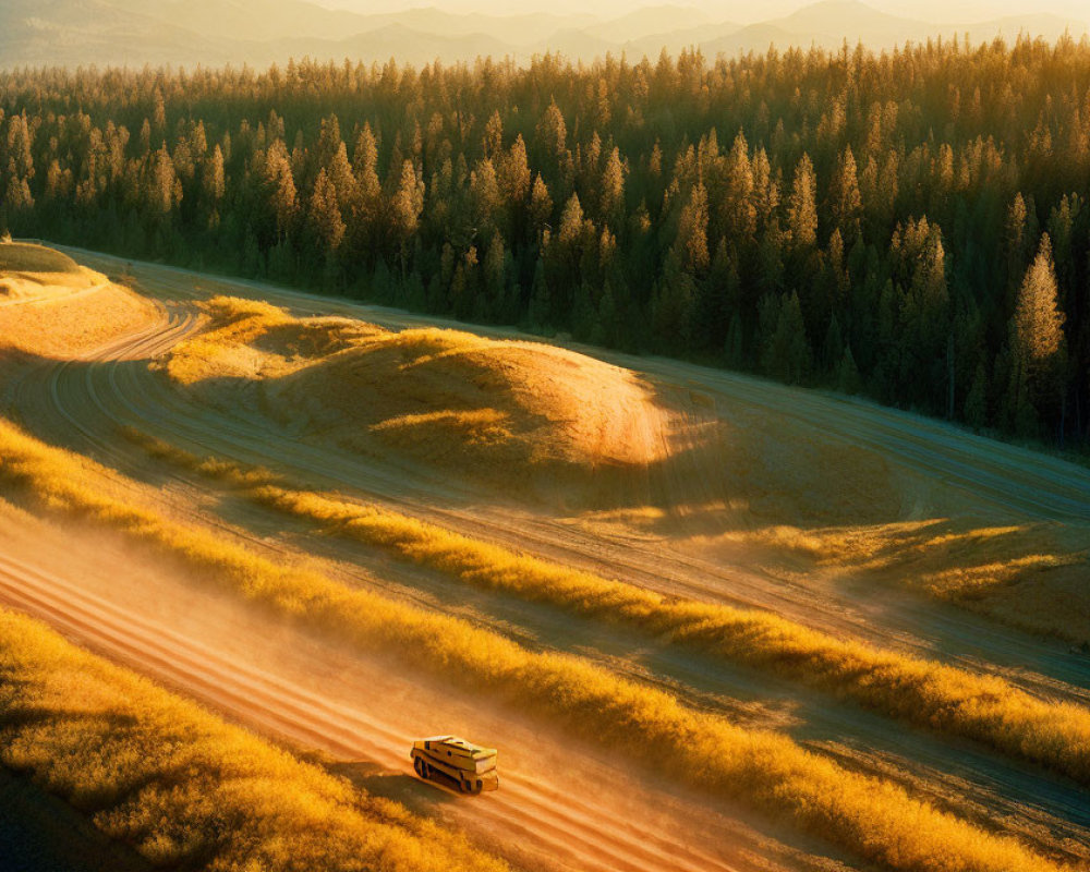 Vehicle driving on winding dirt road through sunlit forest landscape