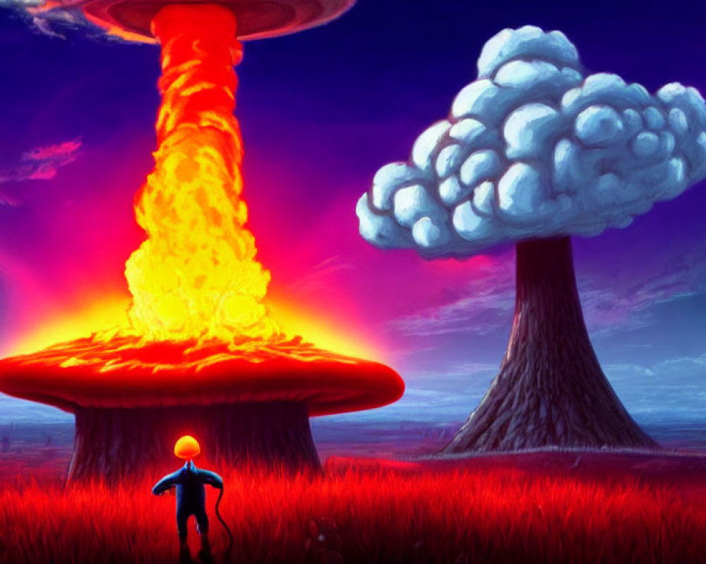 Person silhouette in front of vibrant mushroom clouds on surreal landscape