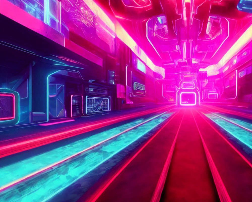 Futuristic neon-lit corridor with blue and pink lights on metallic surface