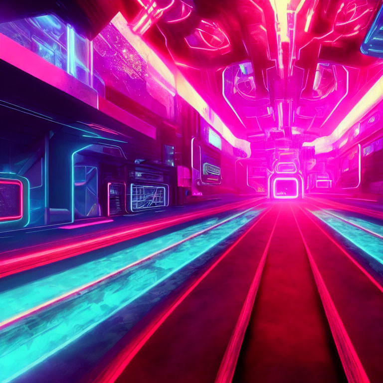 Futuristic neon-lit corridor with blue and pink lights on metallic surface