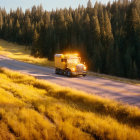 Vehicle driving on winding dirt road through sunlit forest landscape