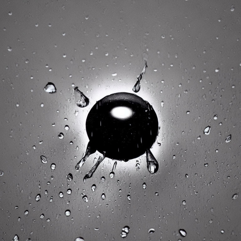 Monochrome water droplet impact with crown-like splash on reflective surface