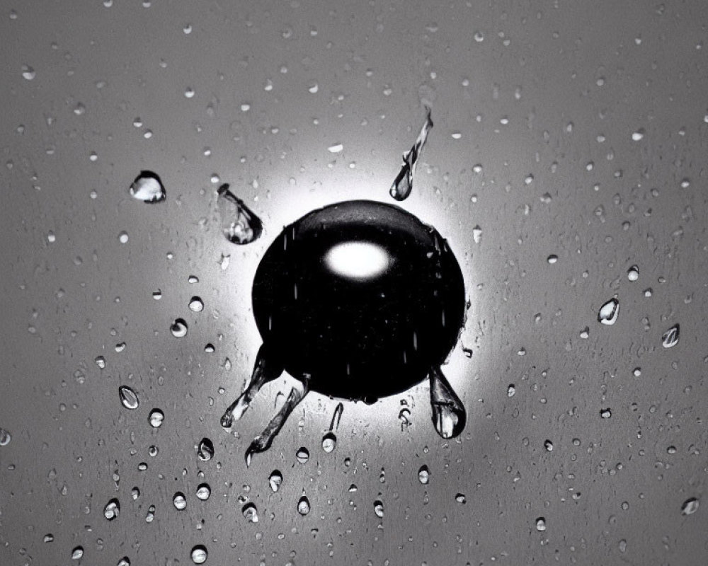 Monochrome water droplet impact with crown-like splash on reflective surface