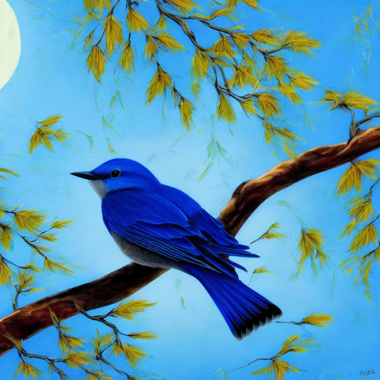 Blue bird on branch with yellow leaves against blue sky and white moon.