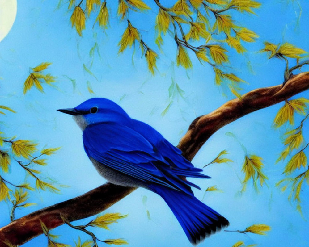 Blue bird on branch with yellow leaves against blue sky and white moon.