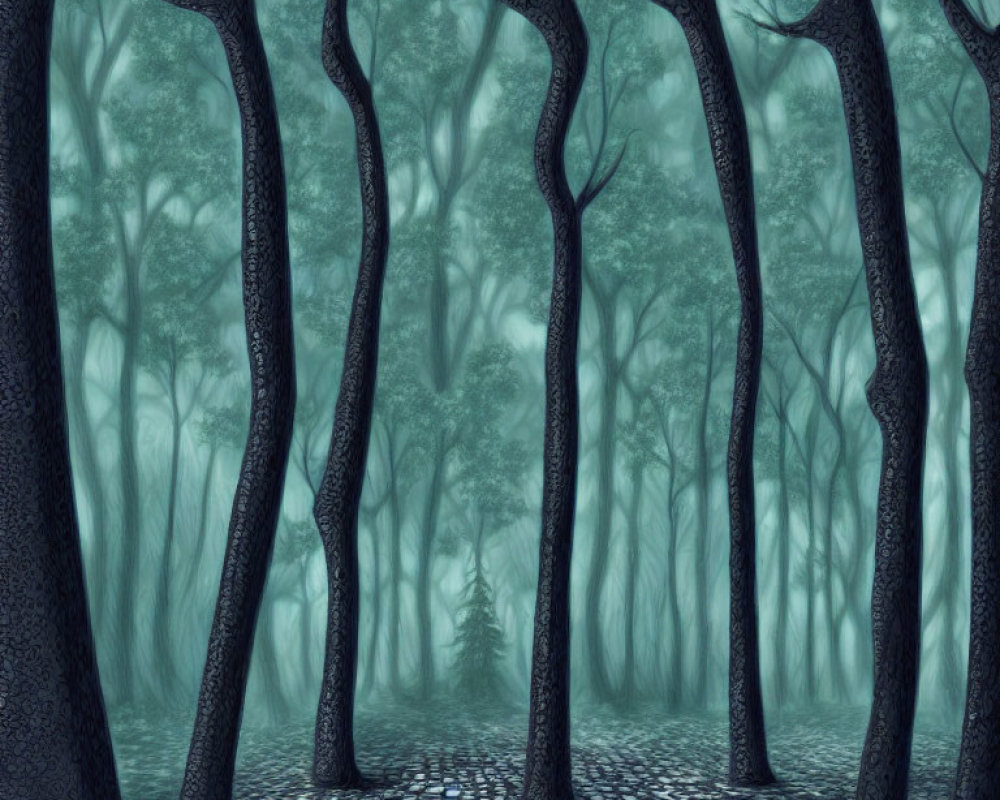 Misty cobblestone path in eerie, surreal forest