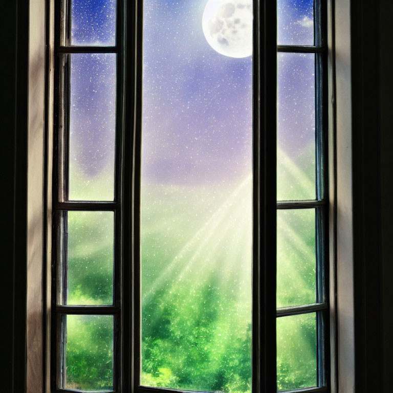 Nighttime Window View: Full Moon, Starry Sky, Illuminated Greenery