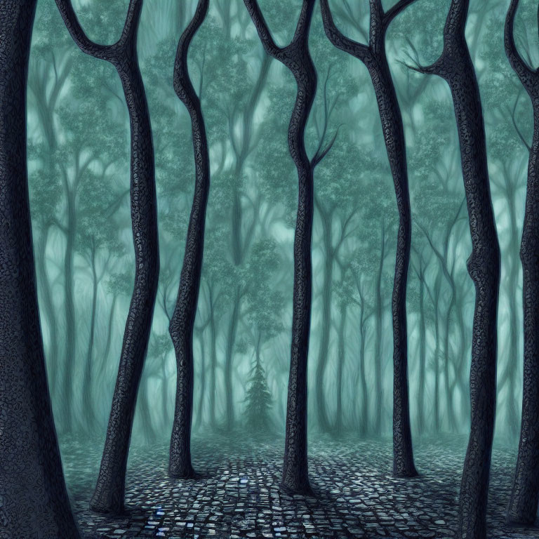 Misty cobblestone path in eerie, surreal forest