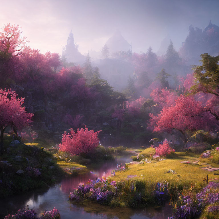 Tranquil landscape with pink cherry blossoms, stream, greenery, and mountain peaks