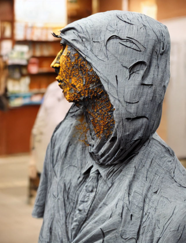 Person in Grey Hooded Garment and Floral Mask in Room with Bookshelves