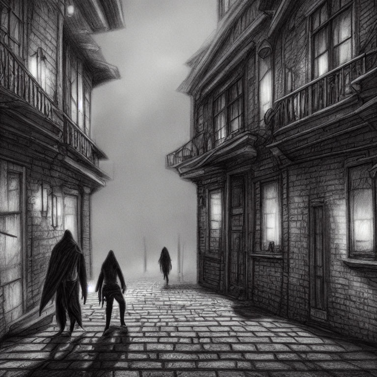 Monochrome illustration of misty cobblestone street with silhouetted figures