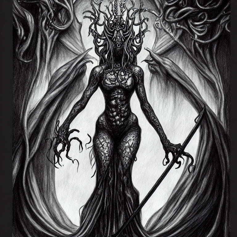 Monochrome fantasy creature with ornate headpiece, elongated limbs, svelte figure, holding staff