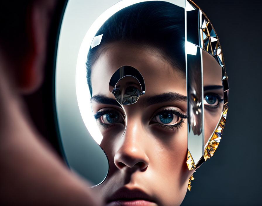 Fractal mirror reflects woman's face in surreal cascade