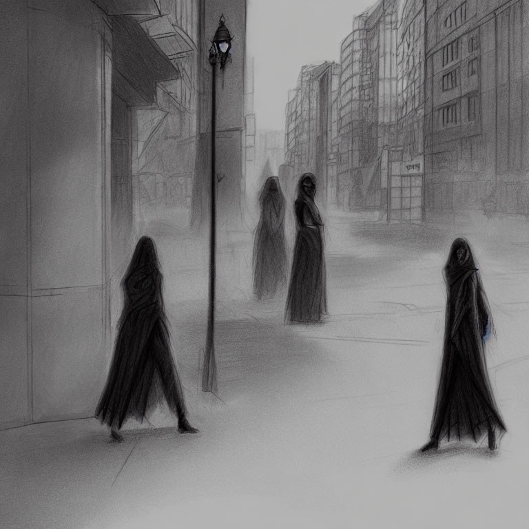 Desolate urban street scene with shadowy figures and lamppost