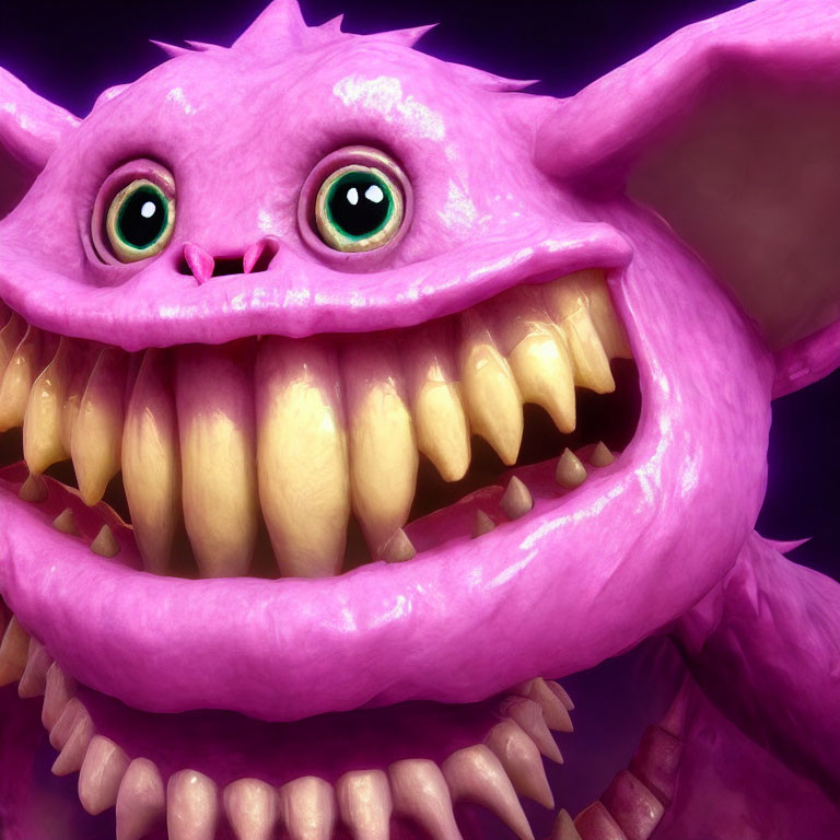 Purple furry creature with big green eyes and horns smiling with sharp teeth