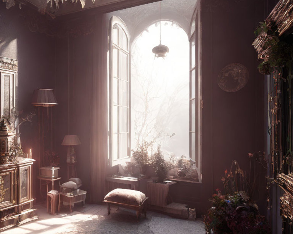 Sunlit ornate room with plants and antique furniture