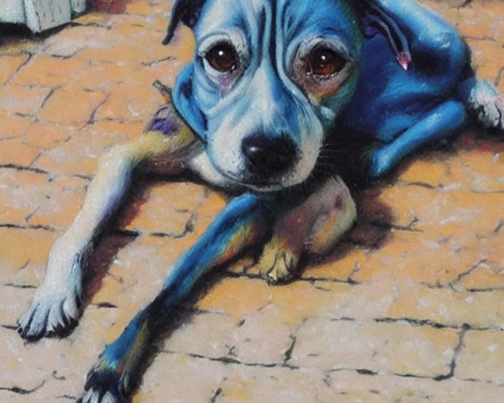 Blue-Eyed Dog Resting on Brick Pavement with Soft Pastel Hues