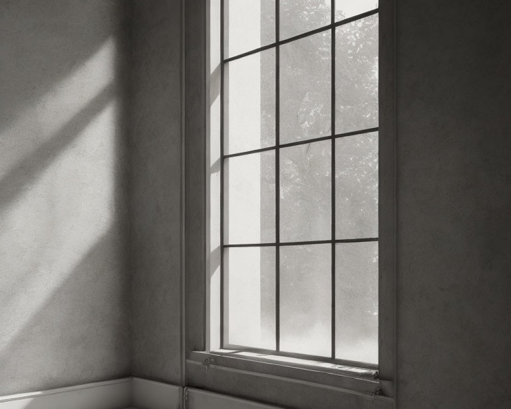 Natural light through window onto gray concrete wall and floor