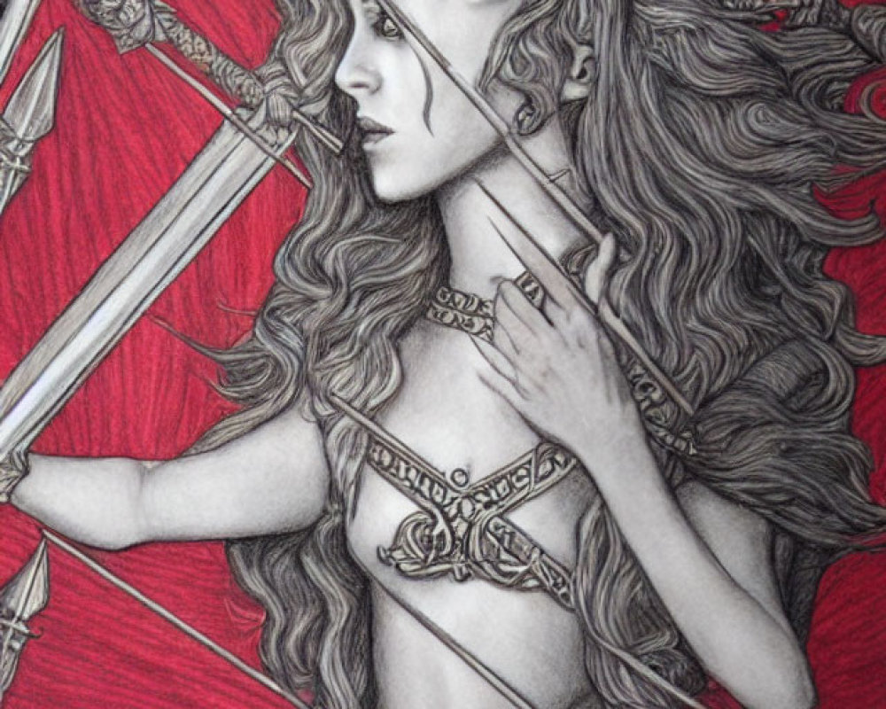 Fantasy warrior woman in ornate armor and crown on red background