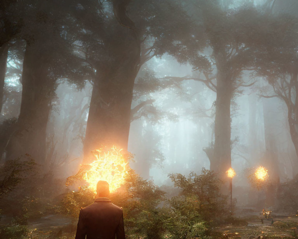 Person standing in misty forest with glowing tree and ethereal lights