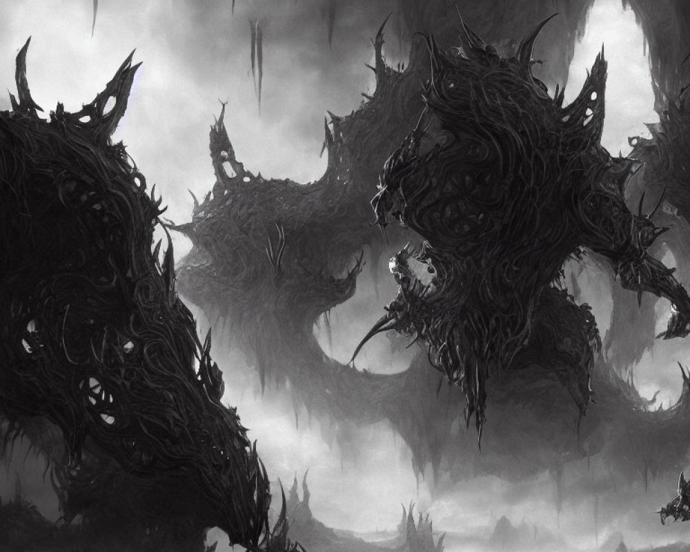 Eerie monochromatic landscape with twisted monstrous structures